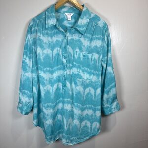 Intro Teal Blue Cotton Shirt Women's Large Roll Tab Sleeves Popover Coastal